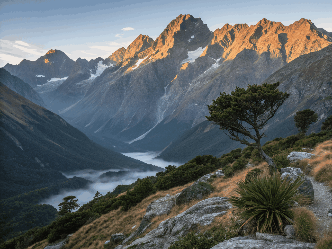 Jagged snow-capped peaks rising above alpine valleys in New Zealand